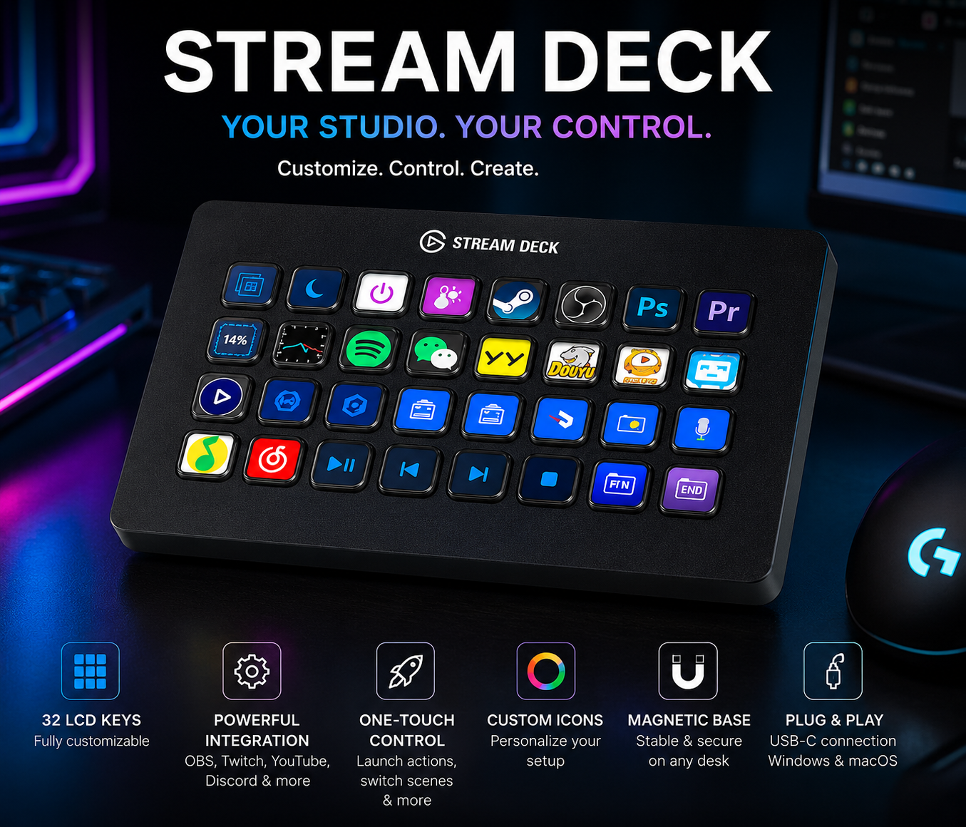 15-Key Stream Deck – LCD Programmable Macro Keyboard for Streaming & Gaming