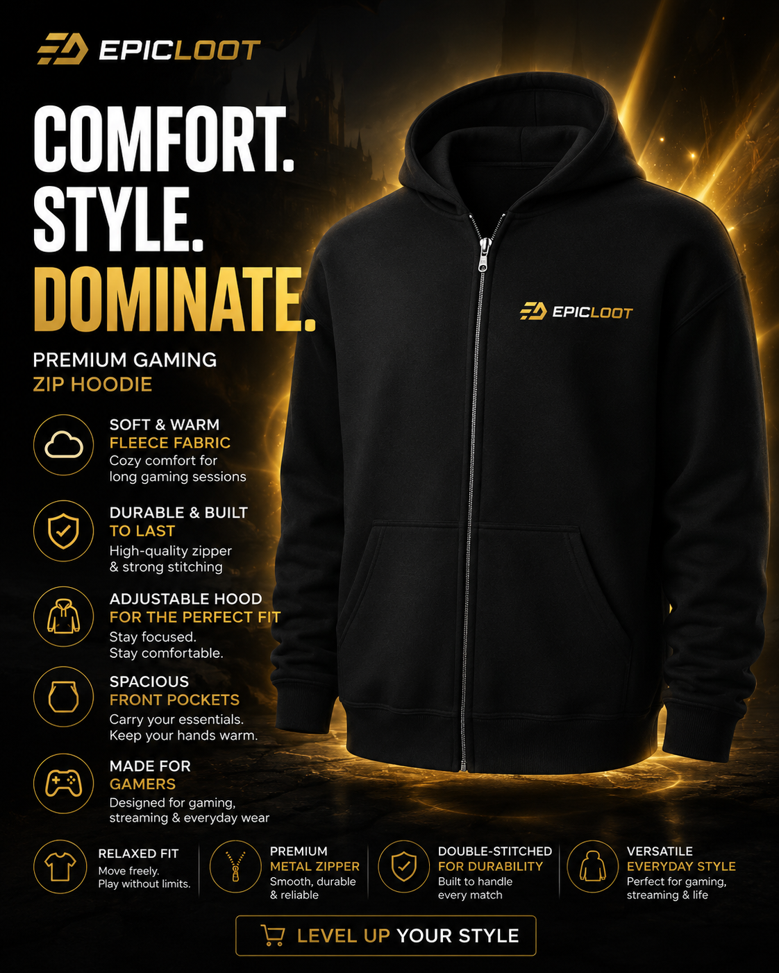 Epic-Loot Gaming Zip Hoodie – Premium Fleece Gamer Hoodie with Full-Zip Design